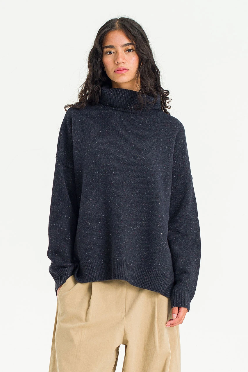 Oversize Boucle Roll Neck Jumper, Midnight Navy