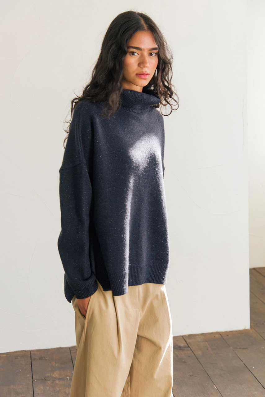Oversize Boucle Roll Neck Jumper, Midnight Navy