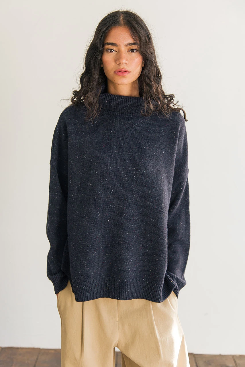 Oversize Boucle Roll Neck Jumper, Midnight Navy
