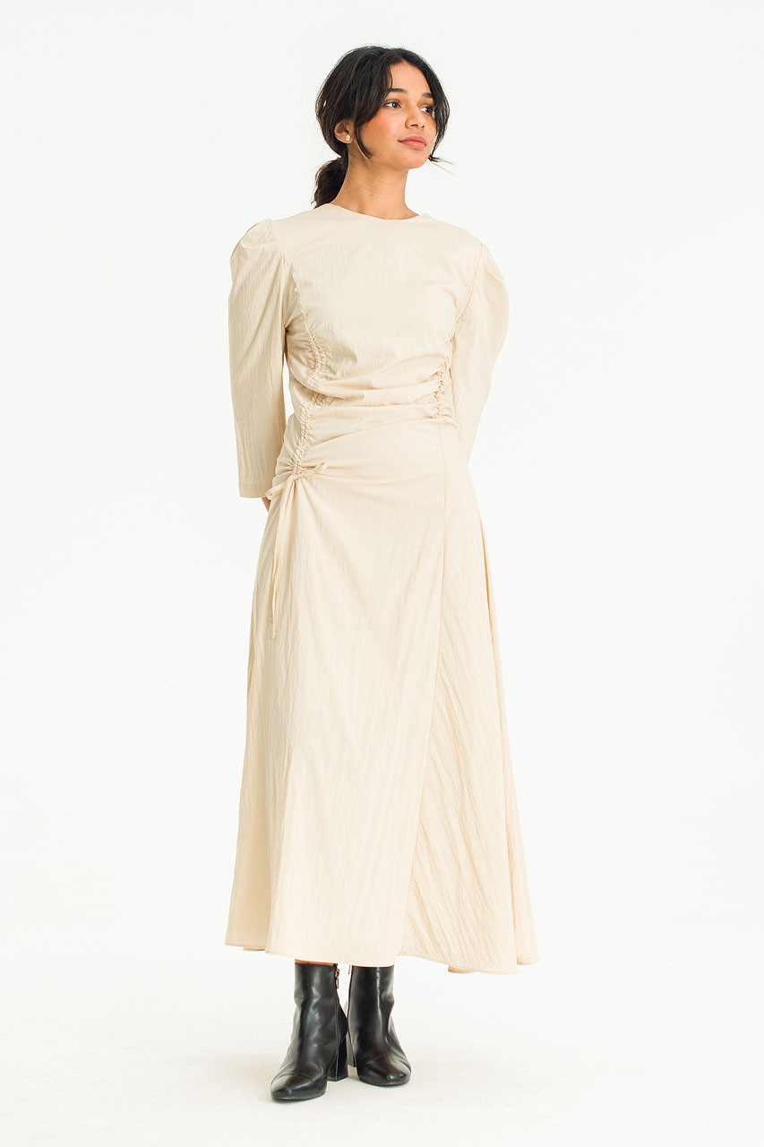 Puff Sleeve Gathered Dress, Beige