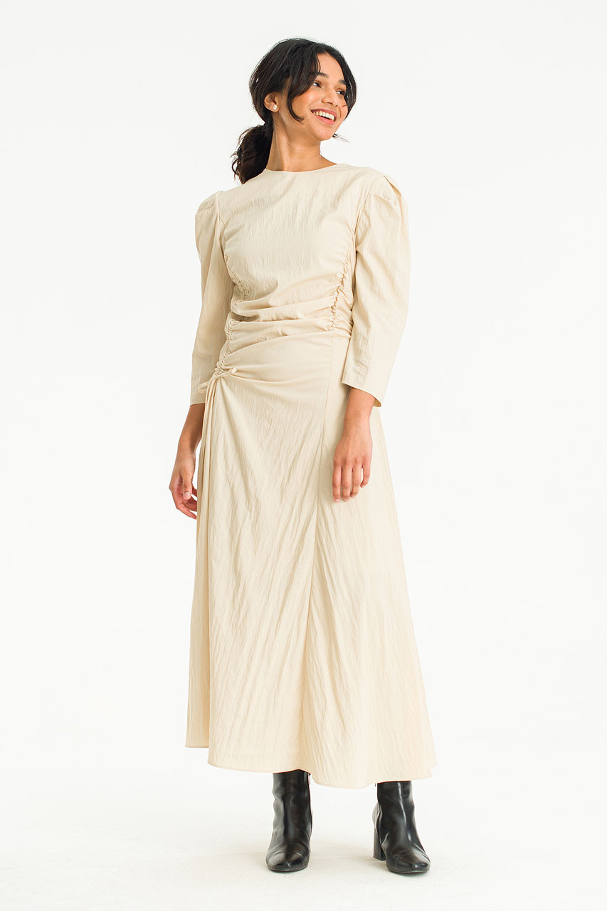 Puff Sleeve Gathered Dress, Beige