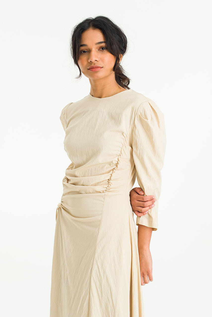 Puff Sleeve Gathered Dress, Beige