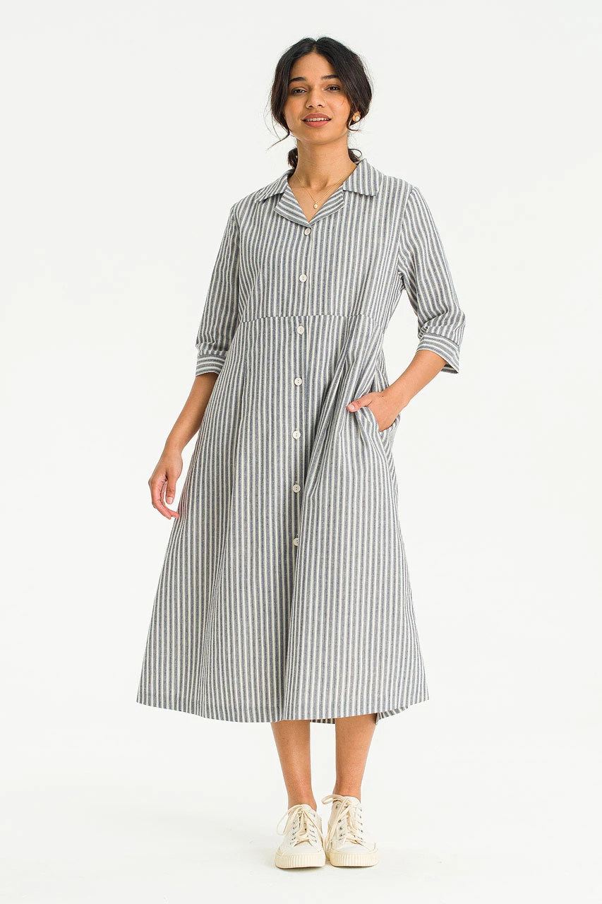 Stripe Camp Collar Dress, Navy