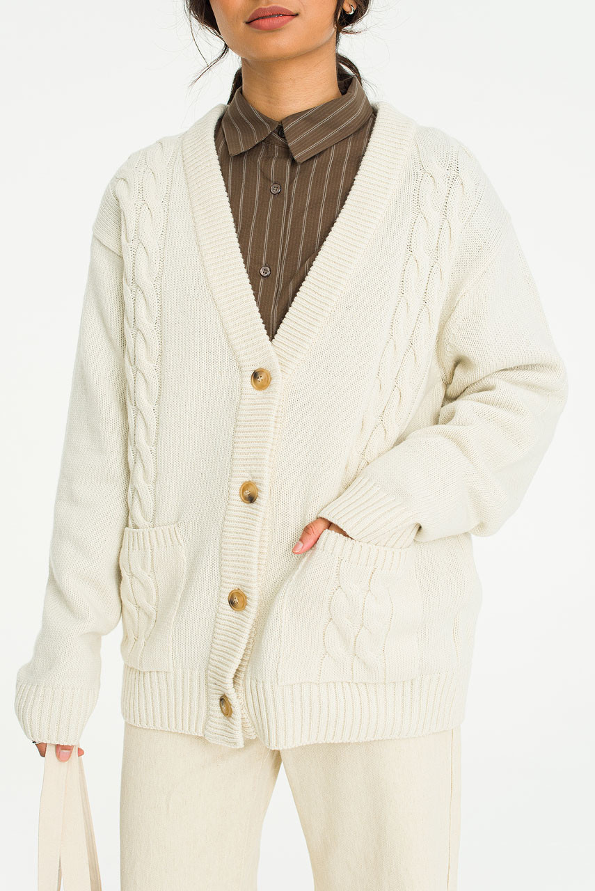 Eva Cable Hood Cardigan, Ivory