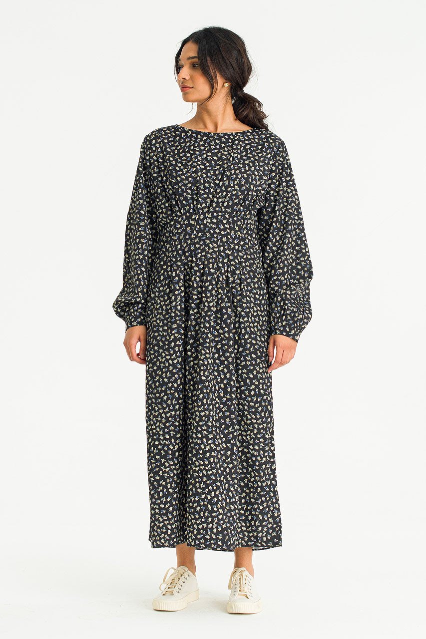 Heidi Mid Length Flower Dress, Black