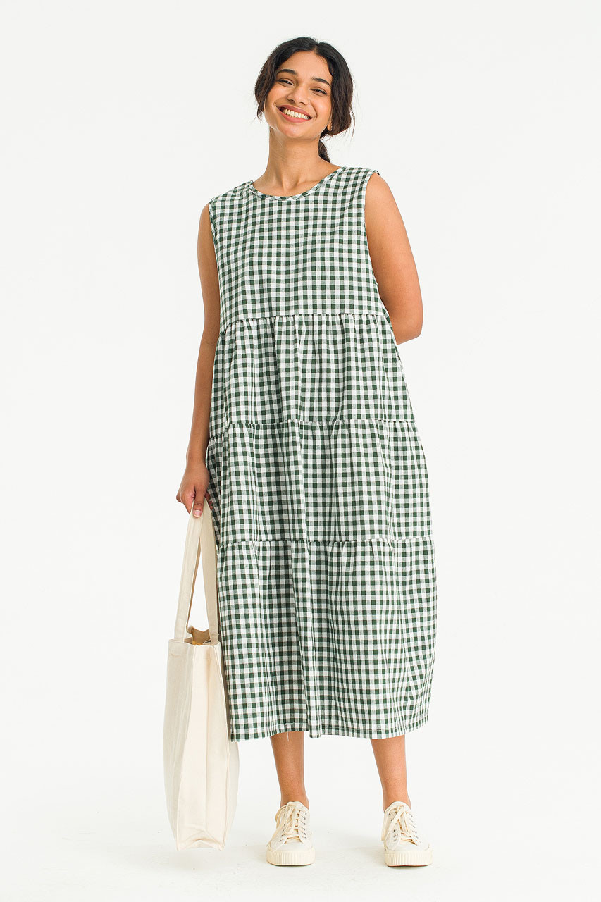Tiered Gingham Check Dress, Black