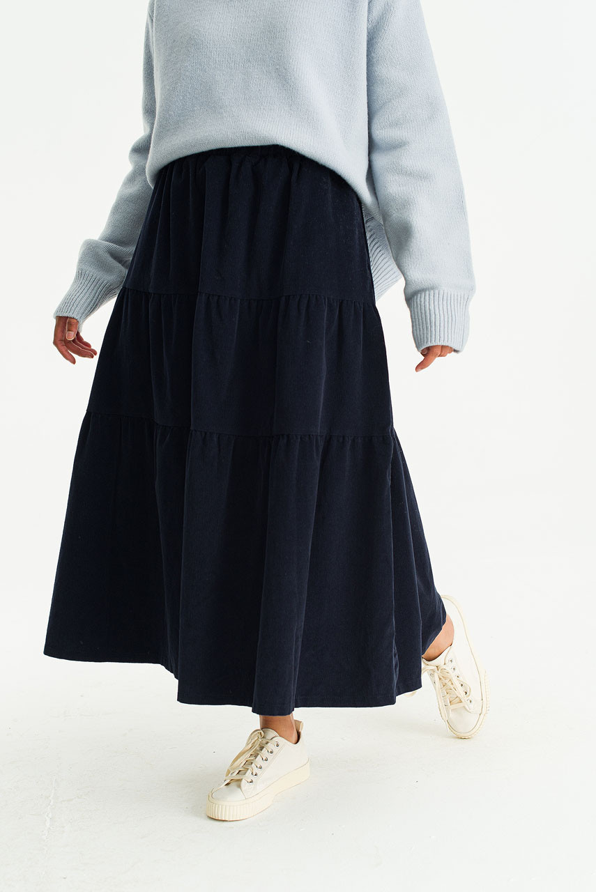 Cord Tiered Banding Skirt, Navy