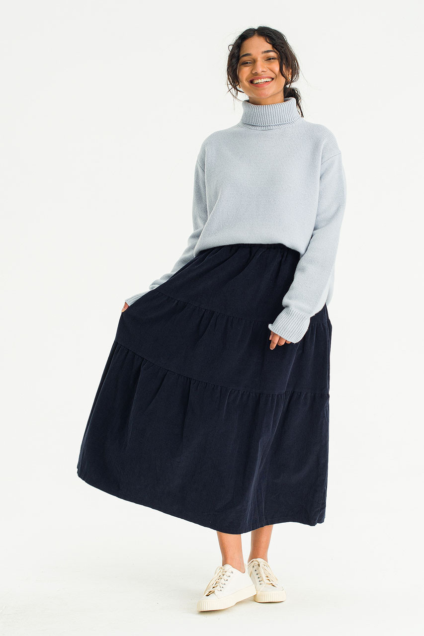 Cord Tiered Banding Skirt, Navy