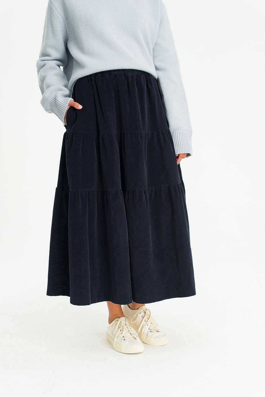 Cord Tiered Banding Skirt, Navy