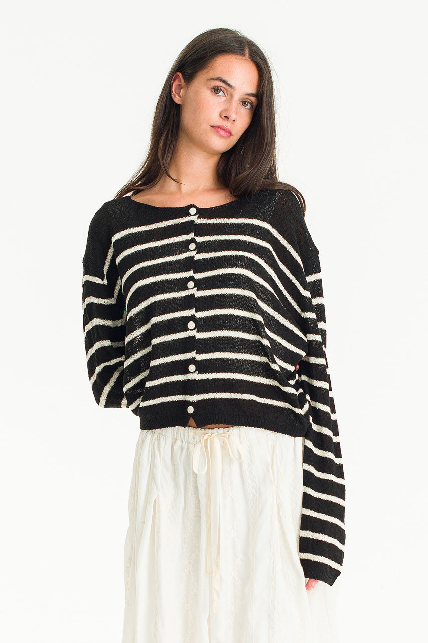 Light Weight Stripe Cardigan, Black