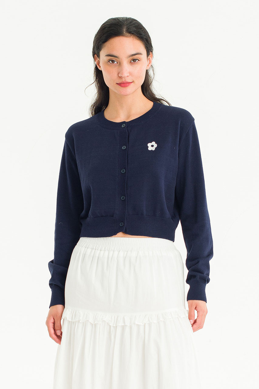 Flower Embroidered Cardigan, Navy