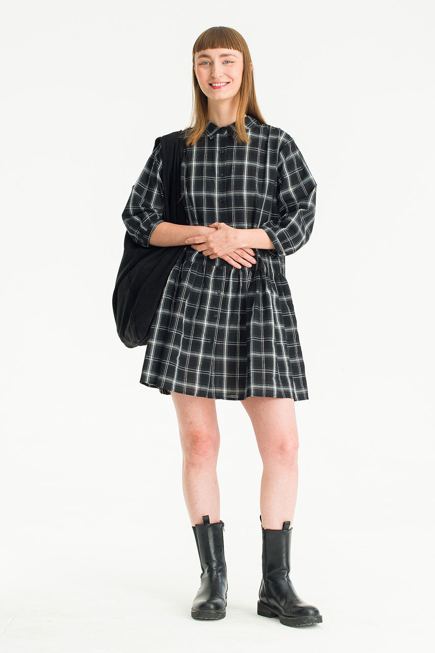 Kaito Check Mini Shirt Dress, Black