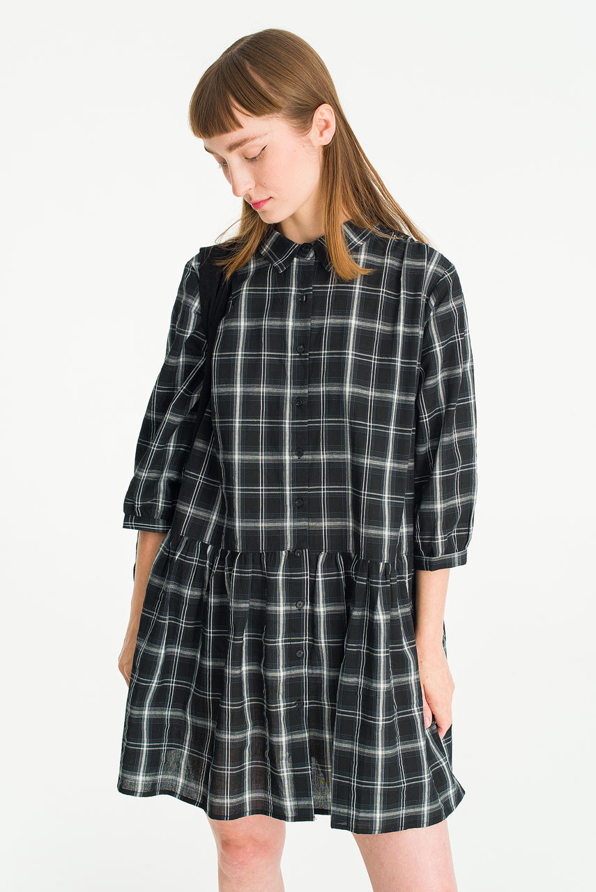 Kaito Check Mini Shirt Dress, Black