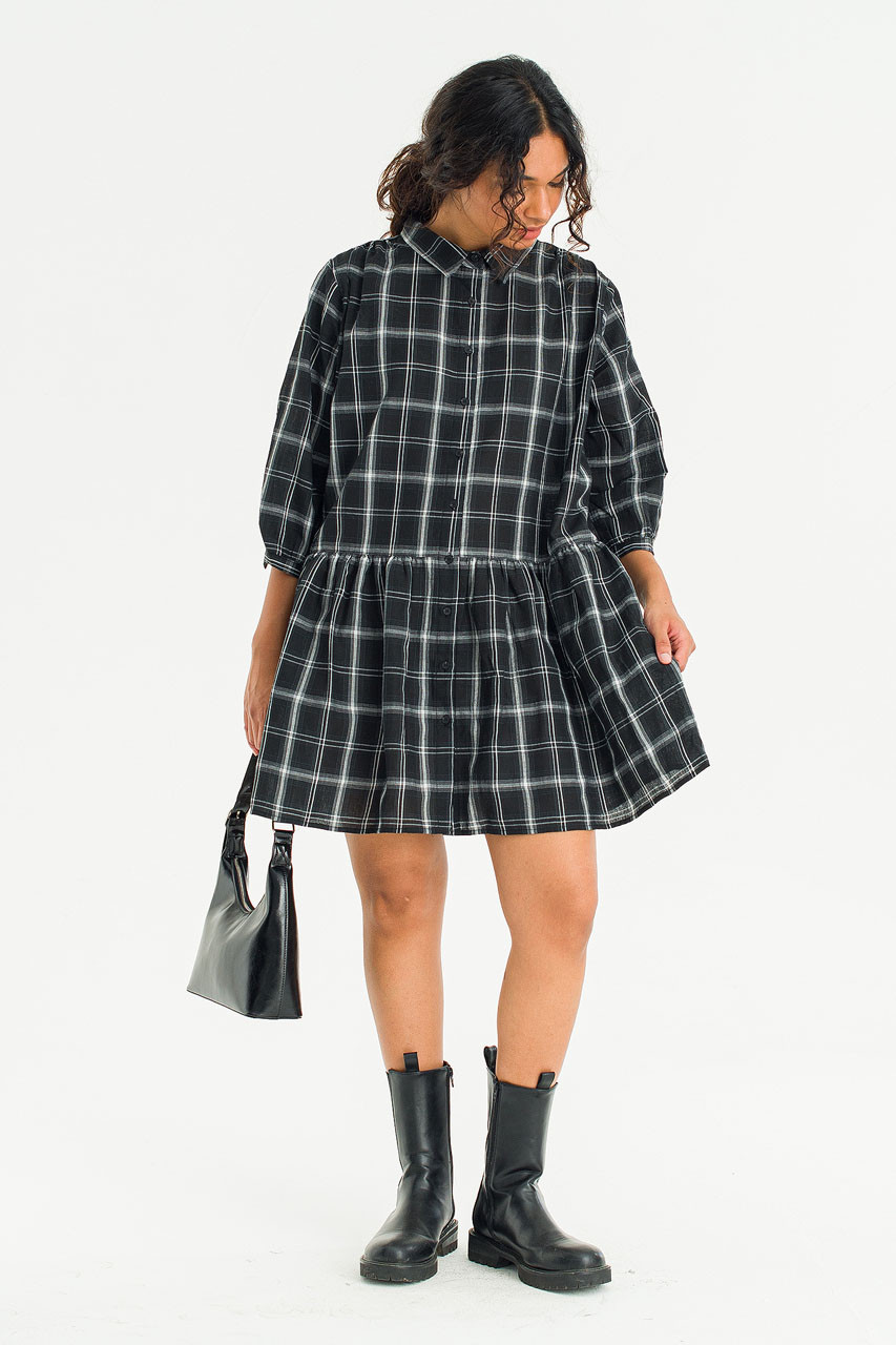 Kaito Check Mini Shirt Dress, Black
