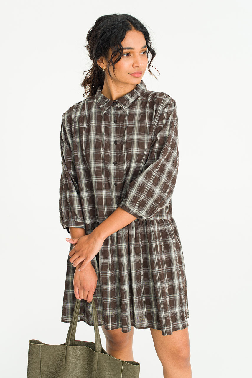 Kaito Check Mini Shirt Dress, Brown