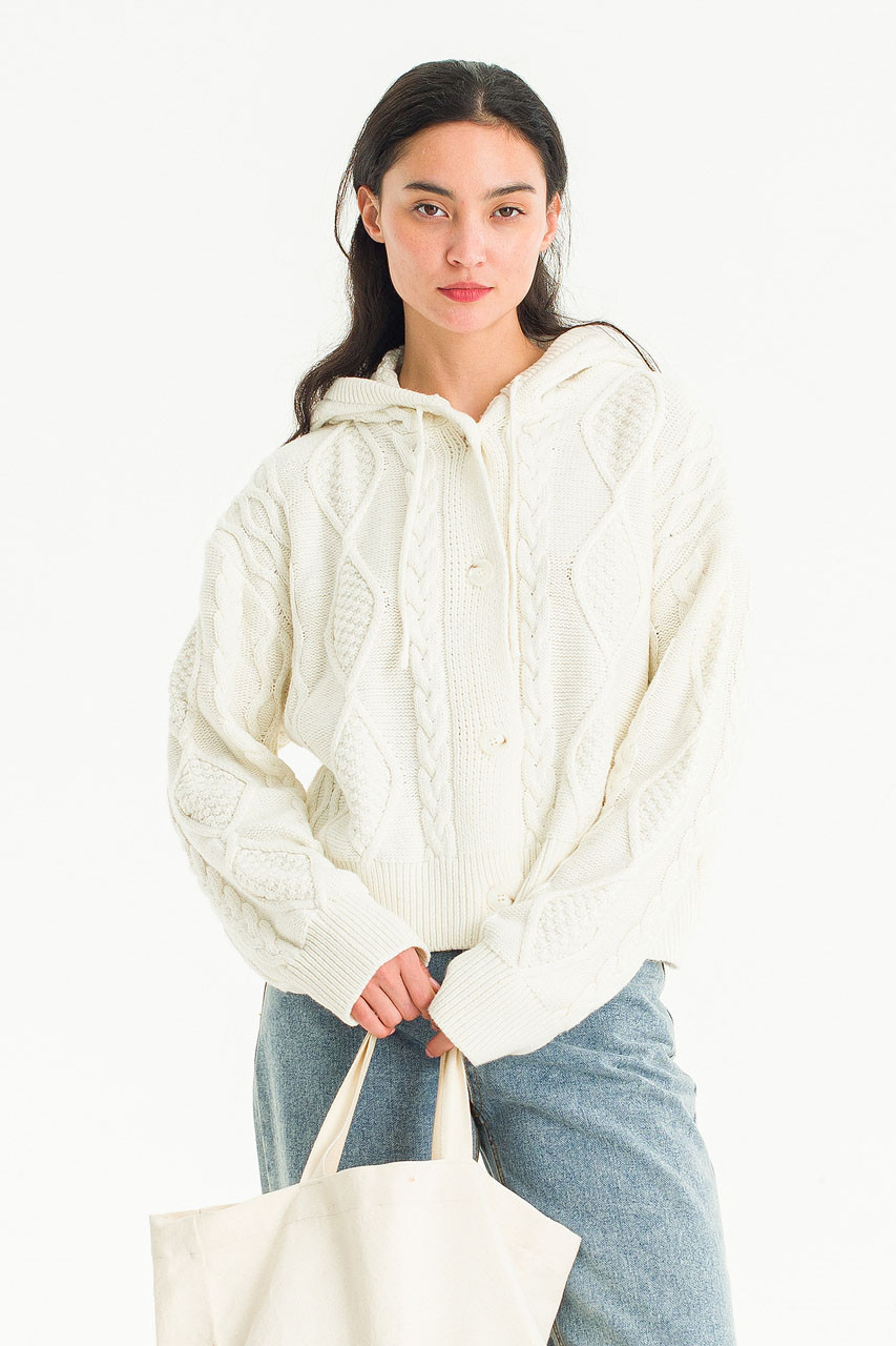 Eva Cable Hood Cardigan, Ivory