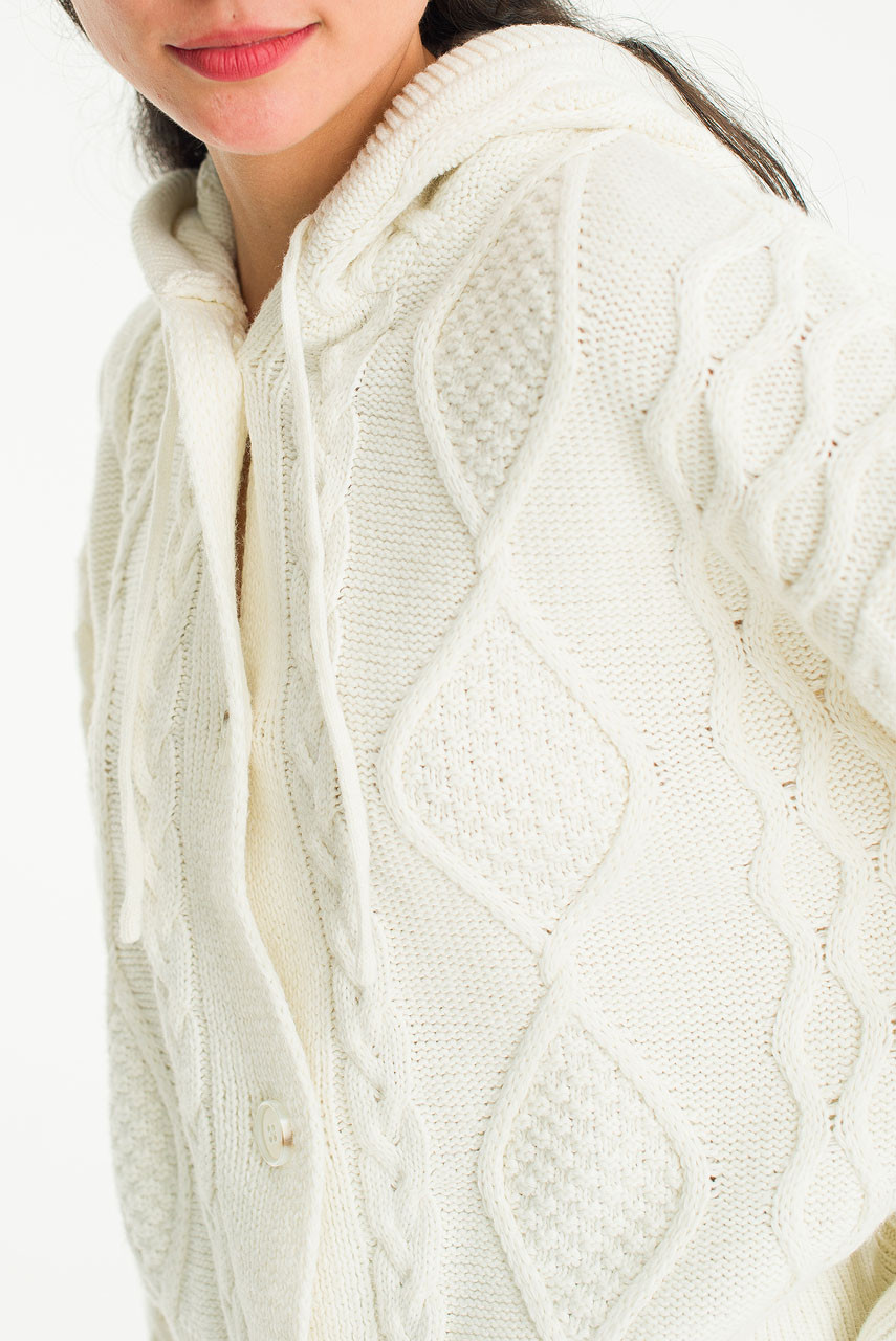 Eva Cable Hood Cardigan, Ivory
