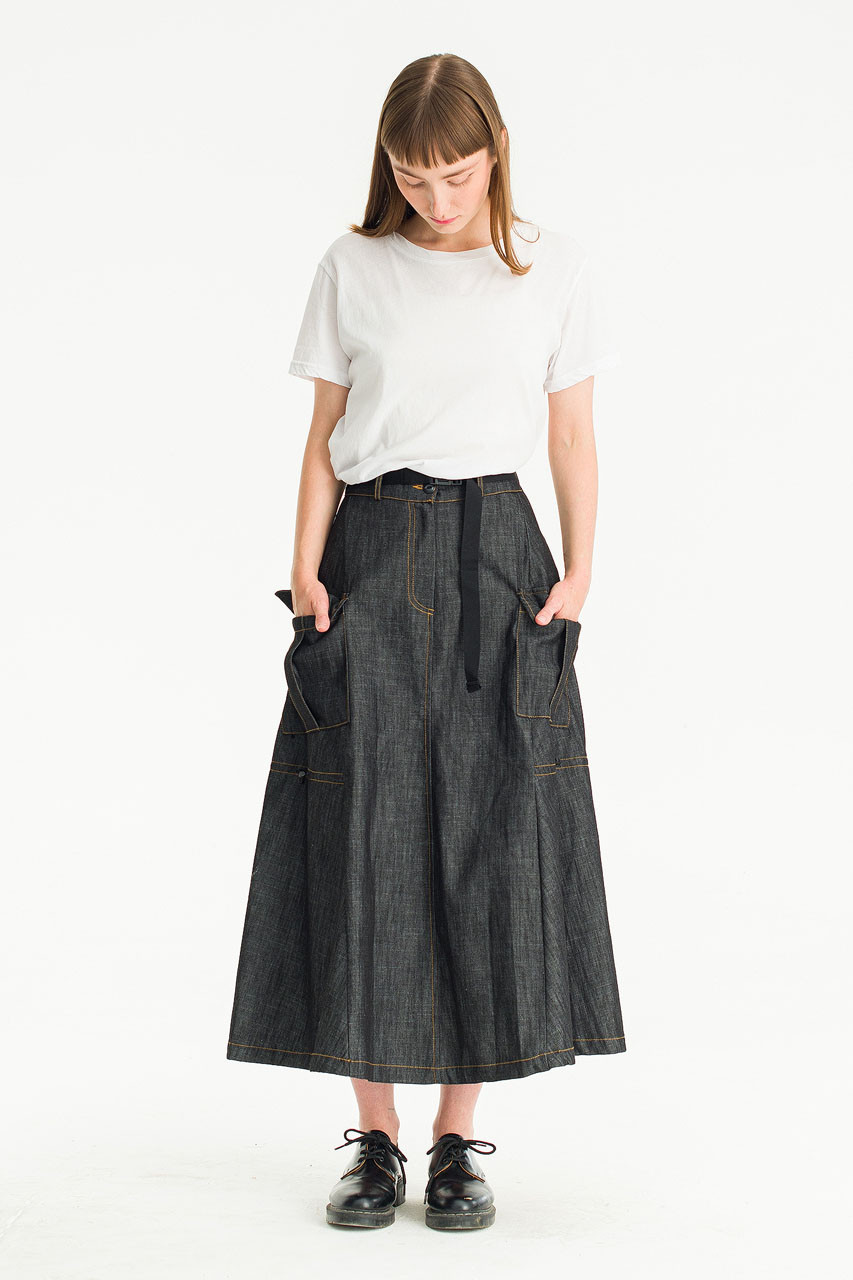 Haru Curved Denim Skirt, Black