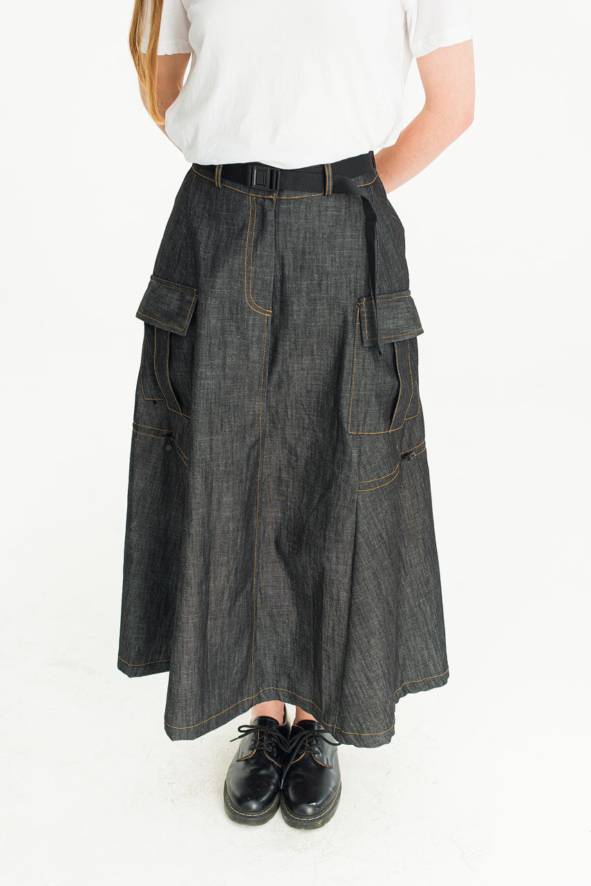 Haru Curved Denim Skirt, Black