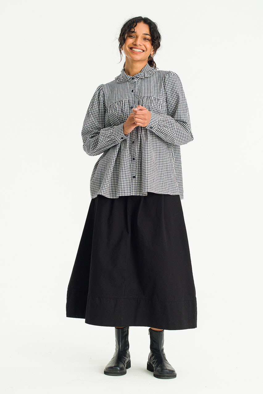 Frill Neck Gingham Blouse, Navy