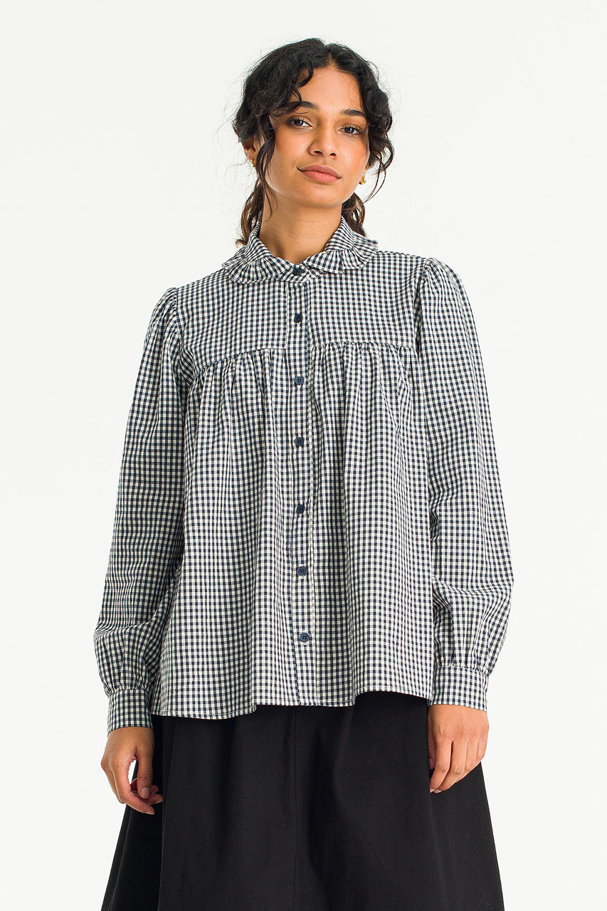 Frill Neck Gingham Blouse, Navy
