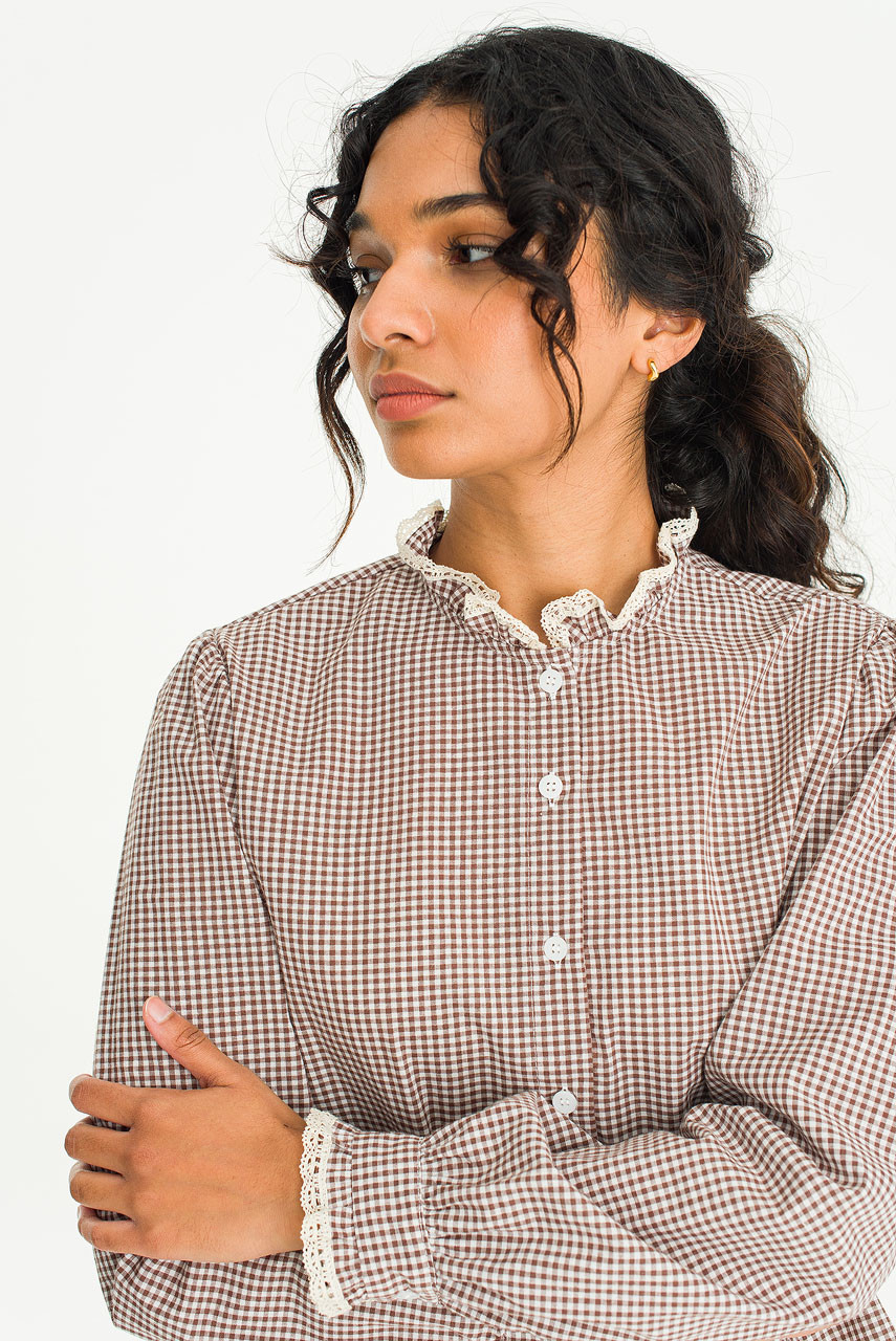 Lace Detail Neck Check Blouse, Brown