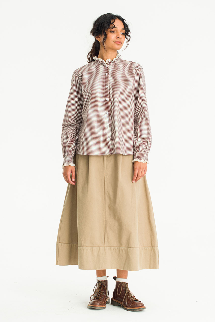 Lace Detail Neck Check Blouse, Brown