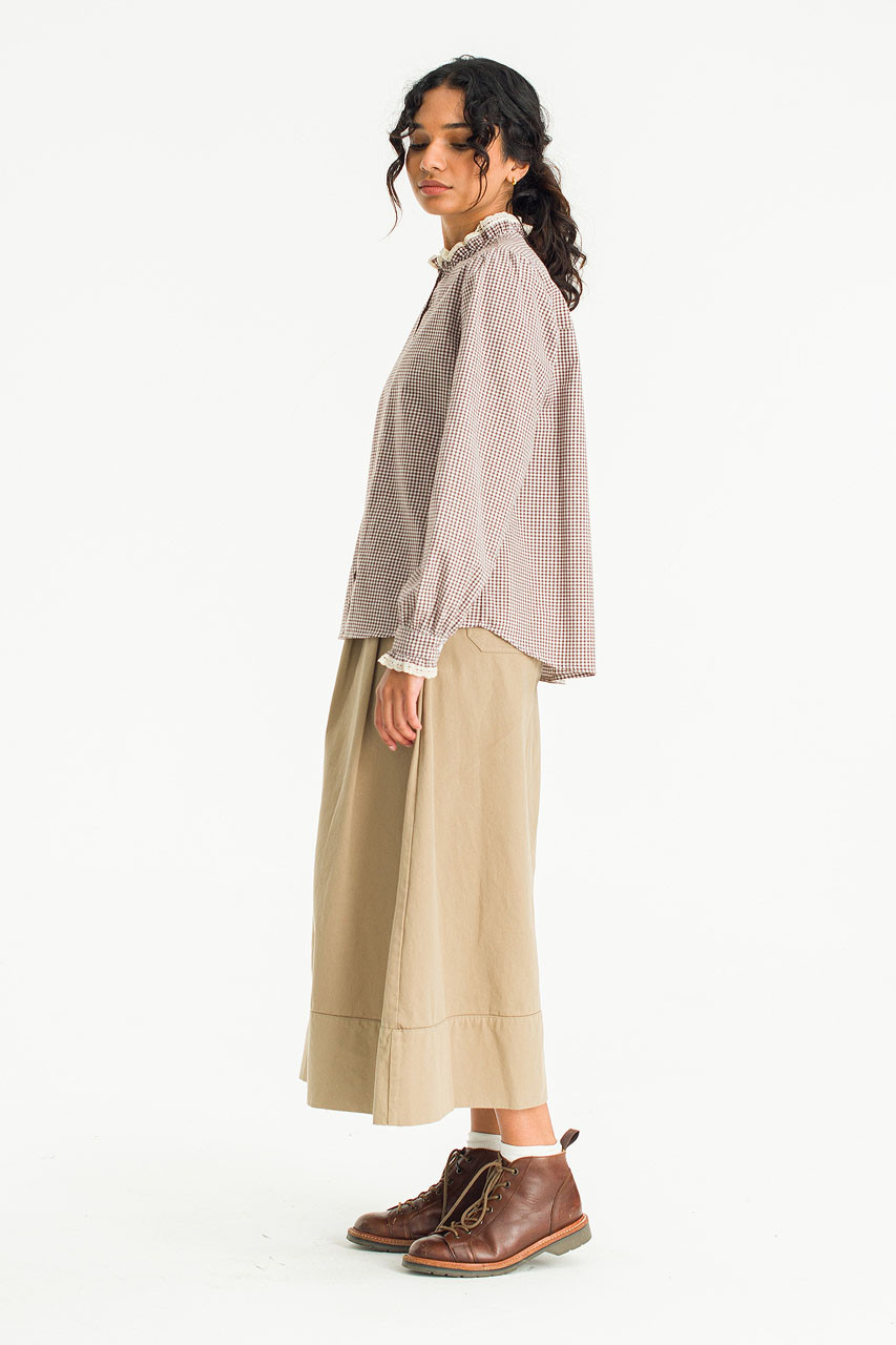 Lace Detail Neck Check Blouse, Brown