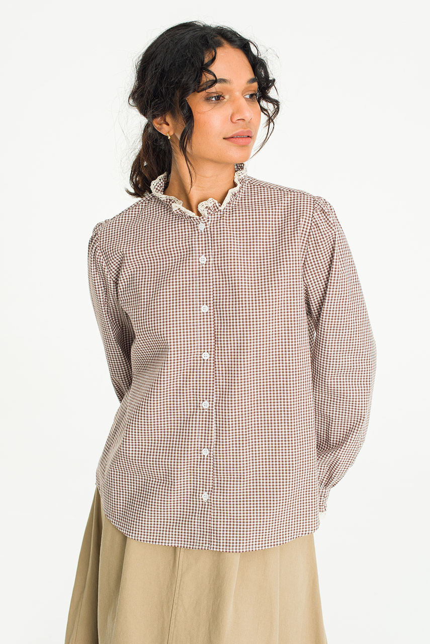Lace Detail Neck Check Blouse, Brown