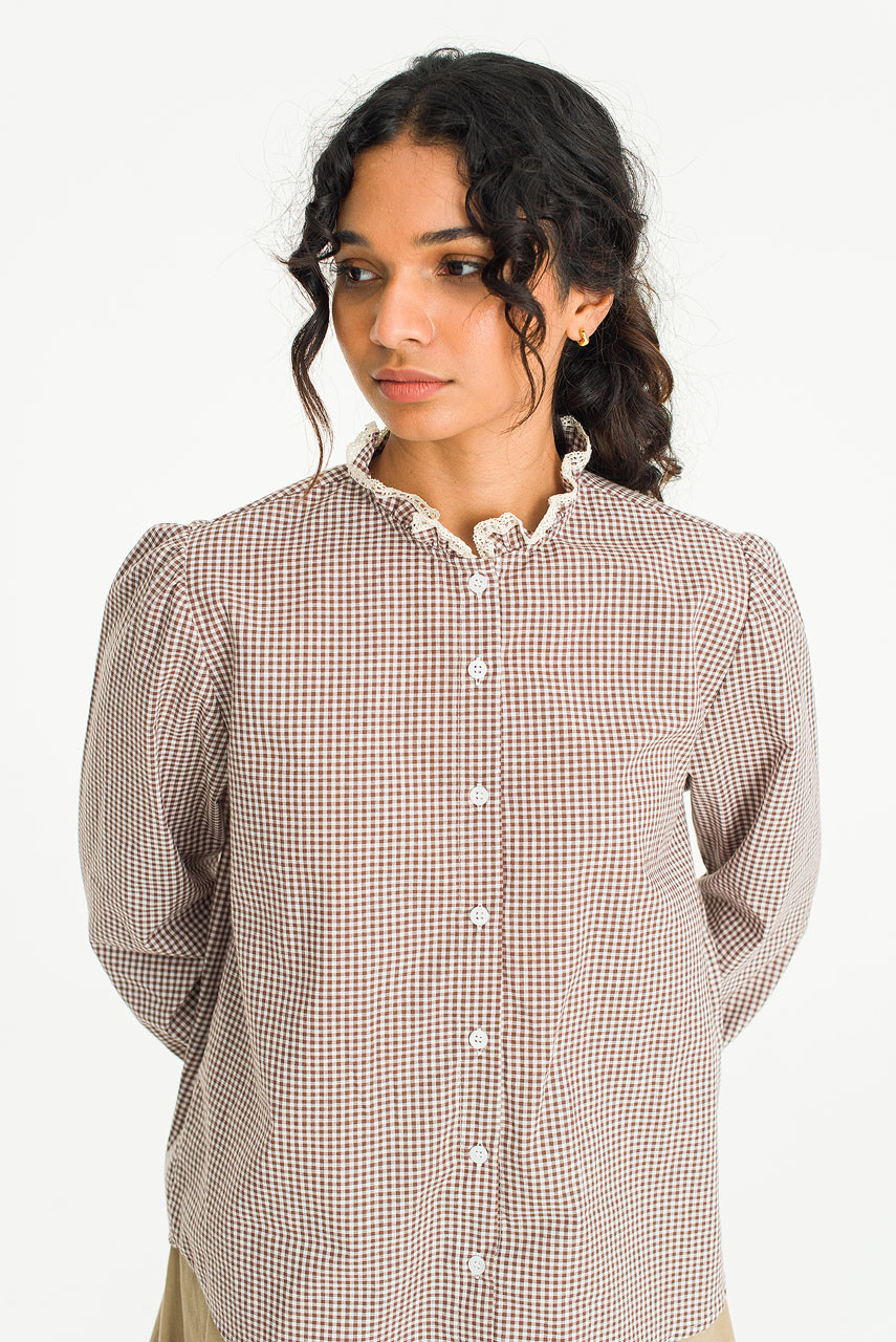 Lace Detail Neck Check Blouse, Brown