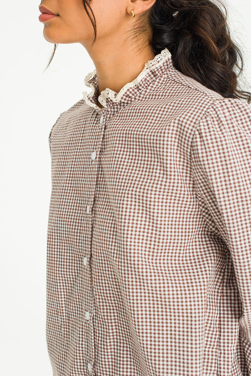 Lace Detail Neck Check Blouse, Brown