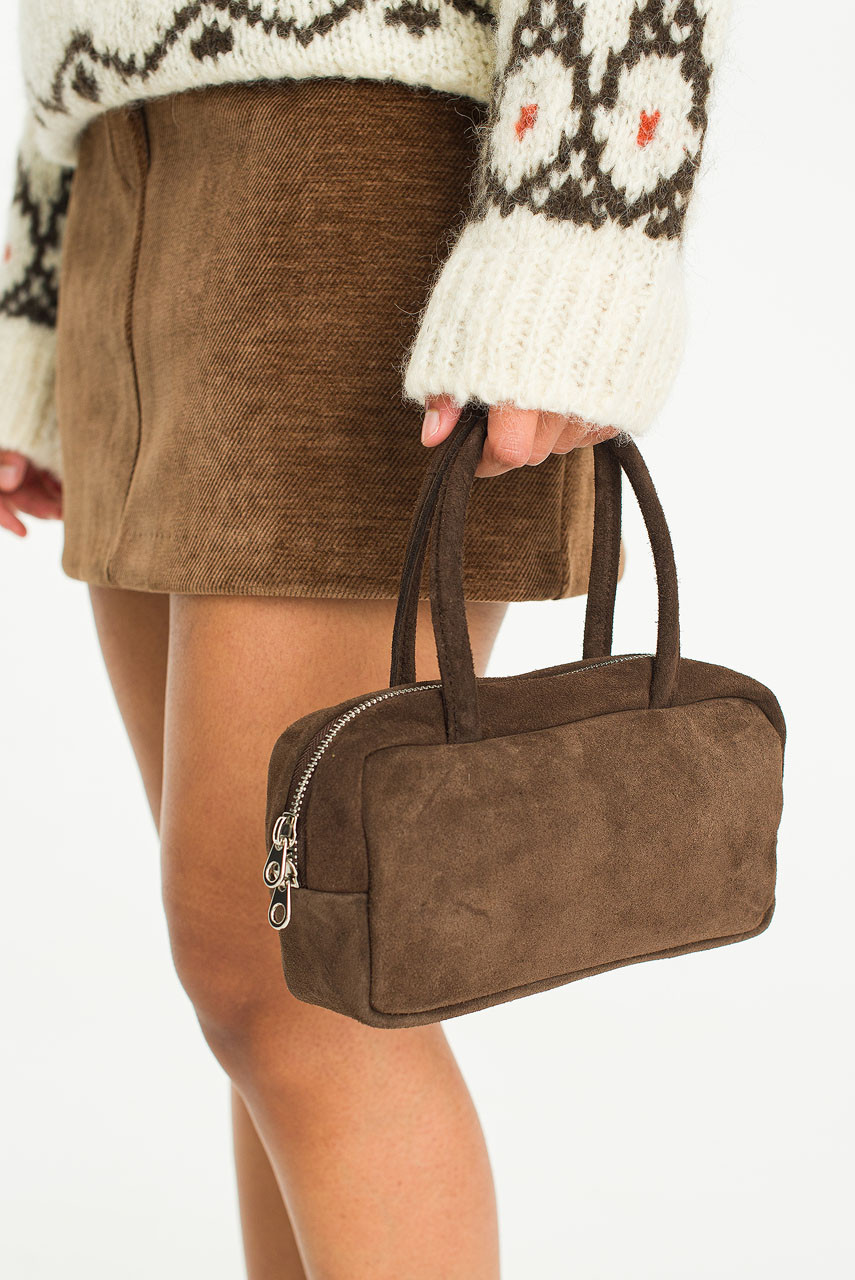 Suede Mini Boston Bag, Brown