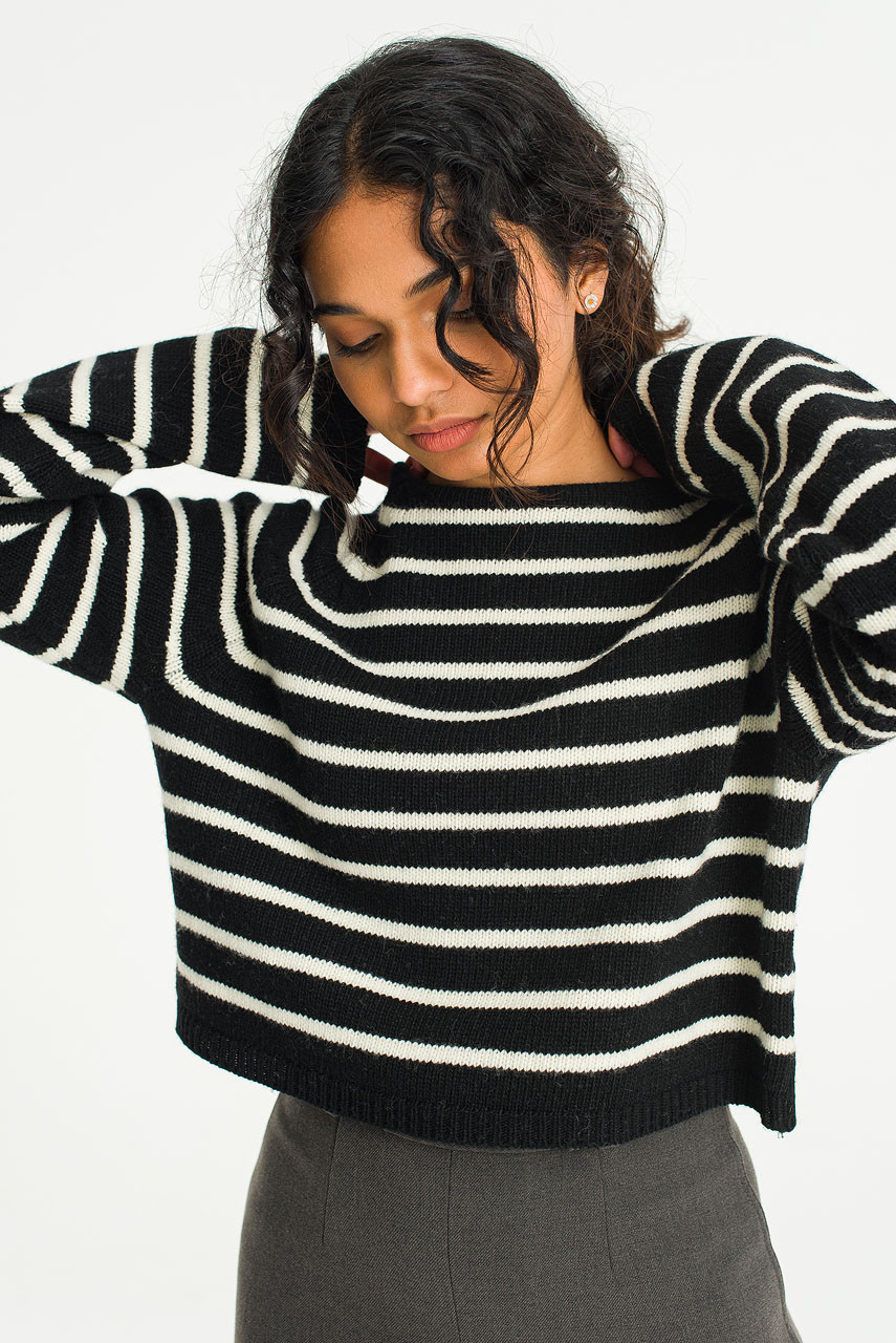 Roy Boat Neck Crop Stripe Jumper, Black/Ivory