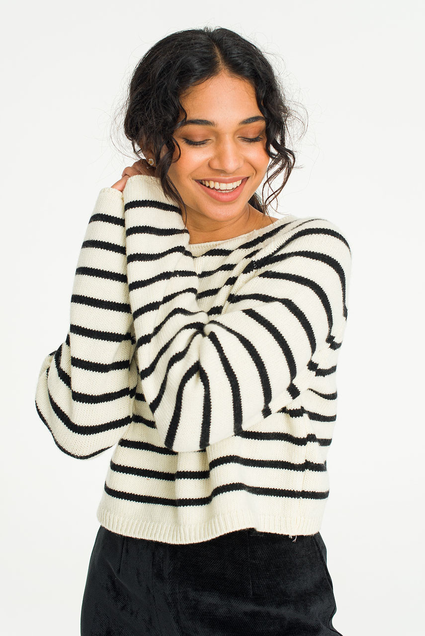 Roy Boat Neck Crop Stripe Long Sleeve Jumper, Ivory/Black