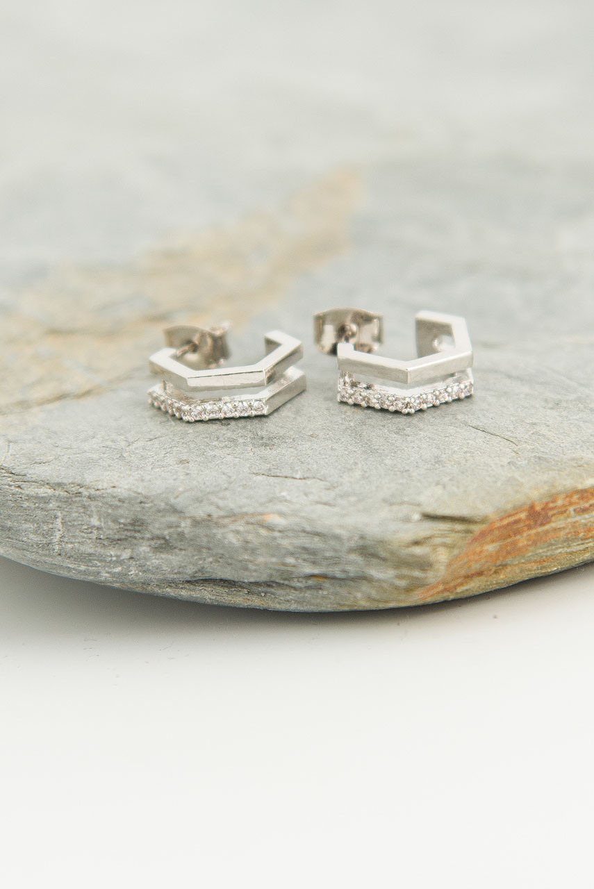 Rose Hexagon Earrings, Silver