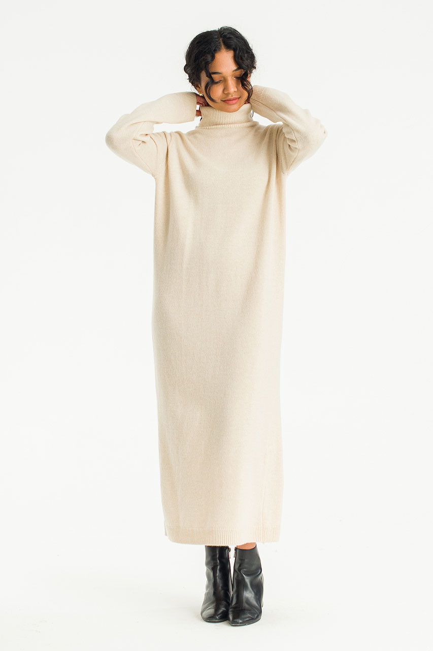 Mio Roll Neck Knit Dress, Cream
