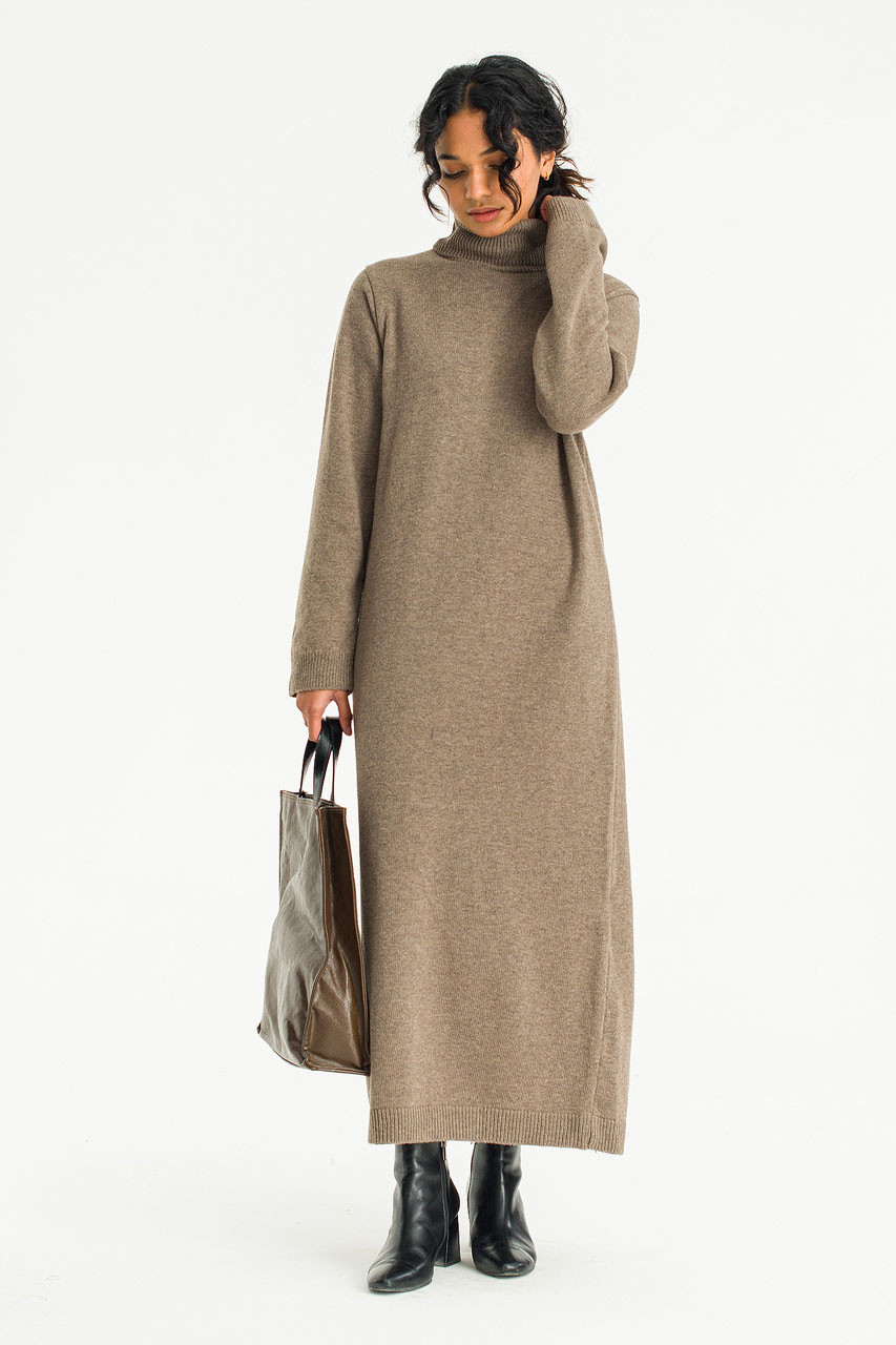 Mio Roll Neck Knit Dress, Brown