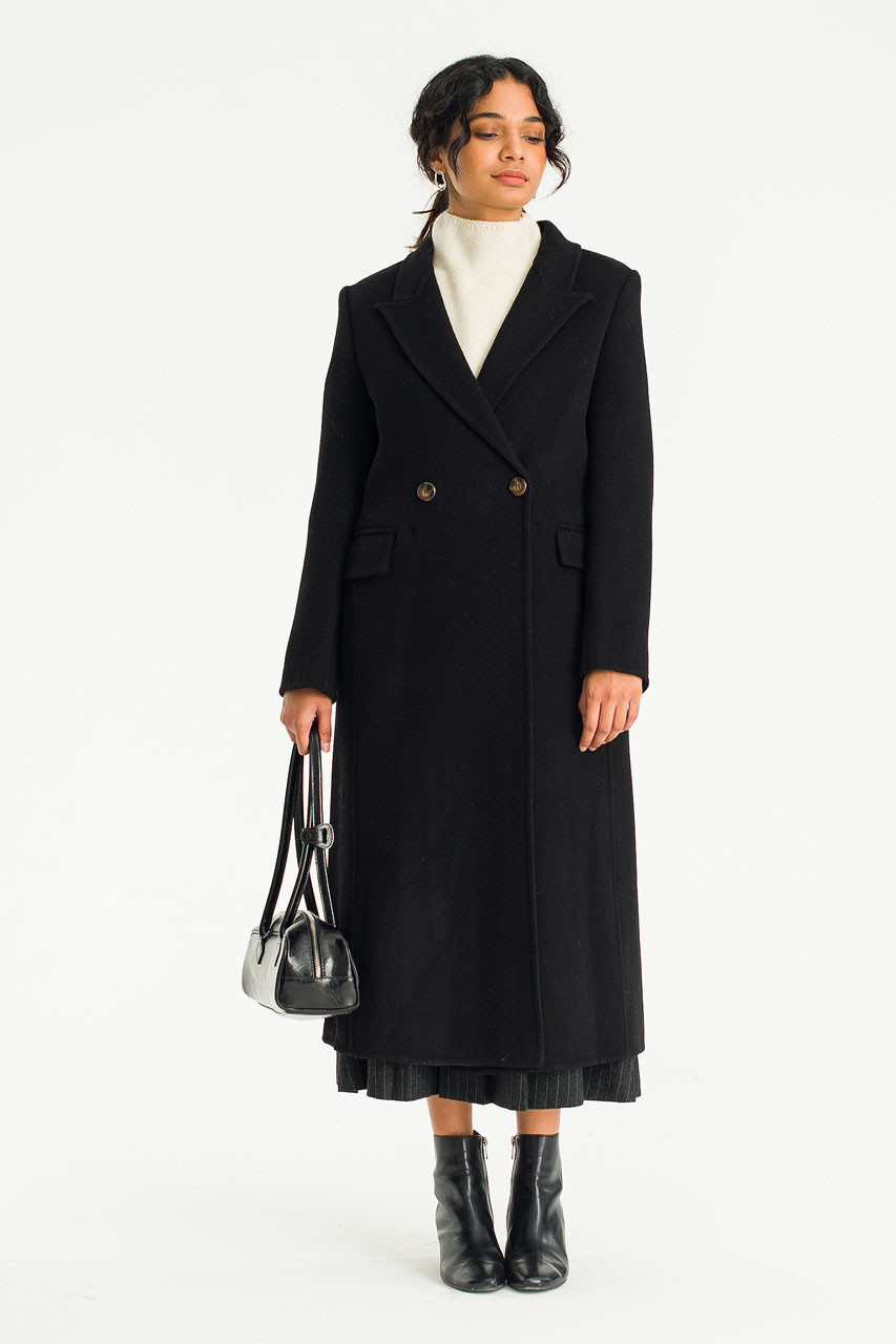 Reina Double Button Seamless Coat, Black