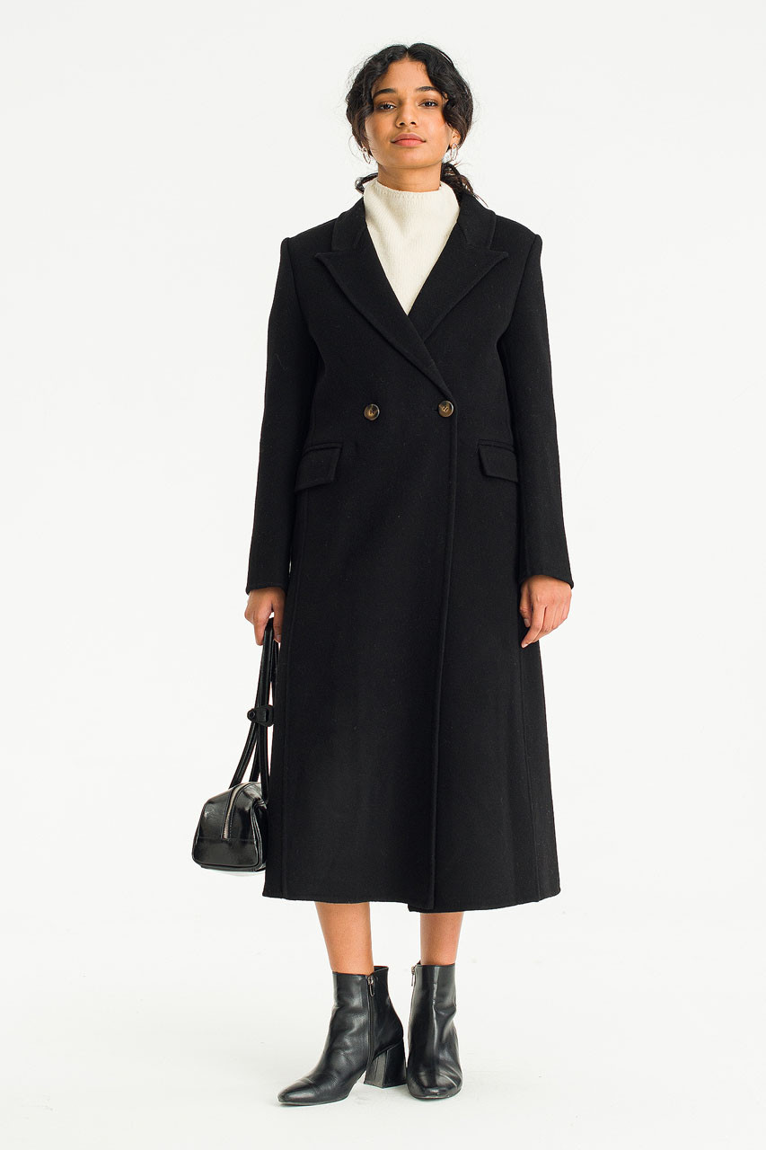 Reina Double Button Seamless Coat, Black
