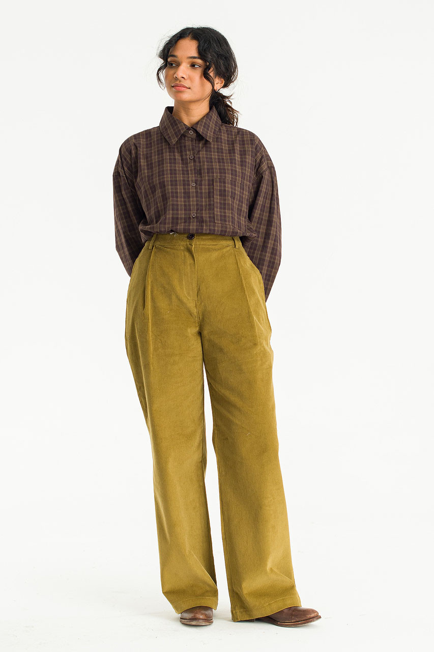 Single Pin Tuck Cord Trousers, Khaki