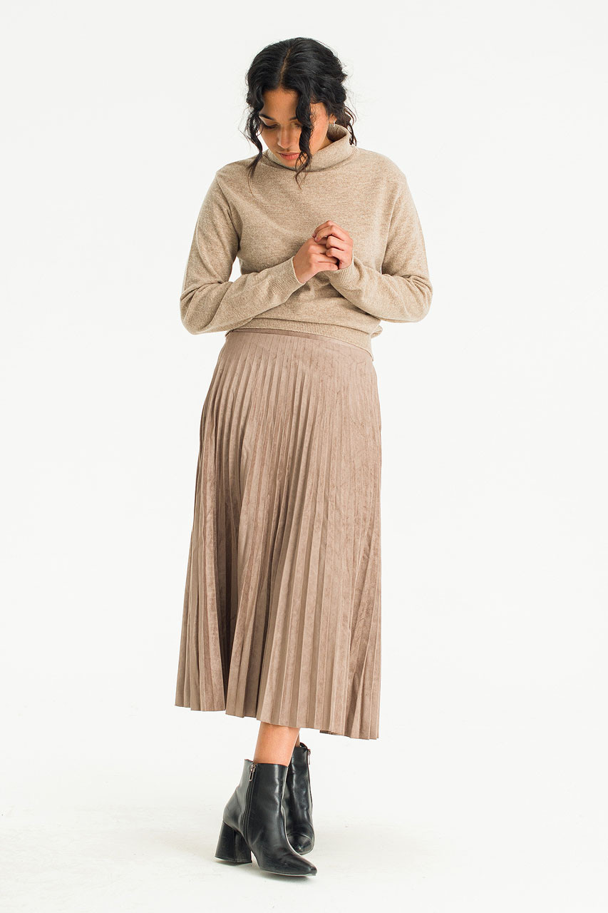 Moa Faux Suede Pleated Skirt, Brown