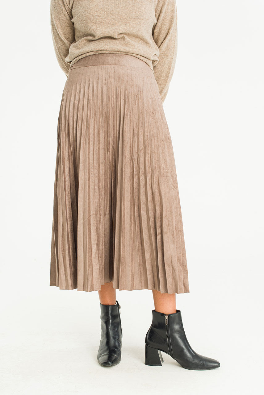 Moa Faux Suede Pleated Skirt, Brown