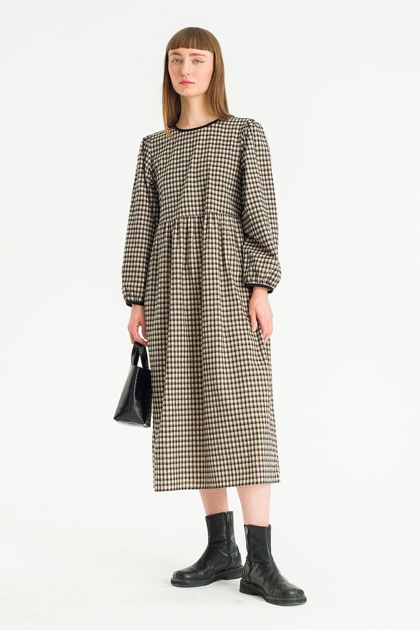 Lili Gingham Check Long Dress, Black Lili Gingham Check Long Dress, Black