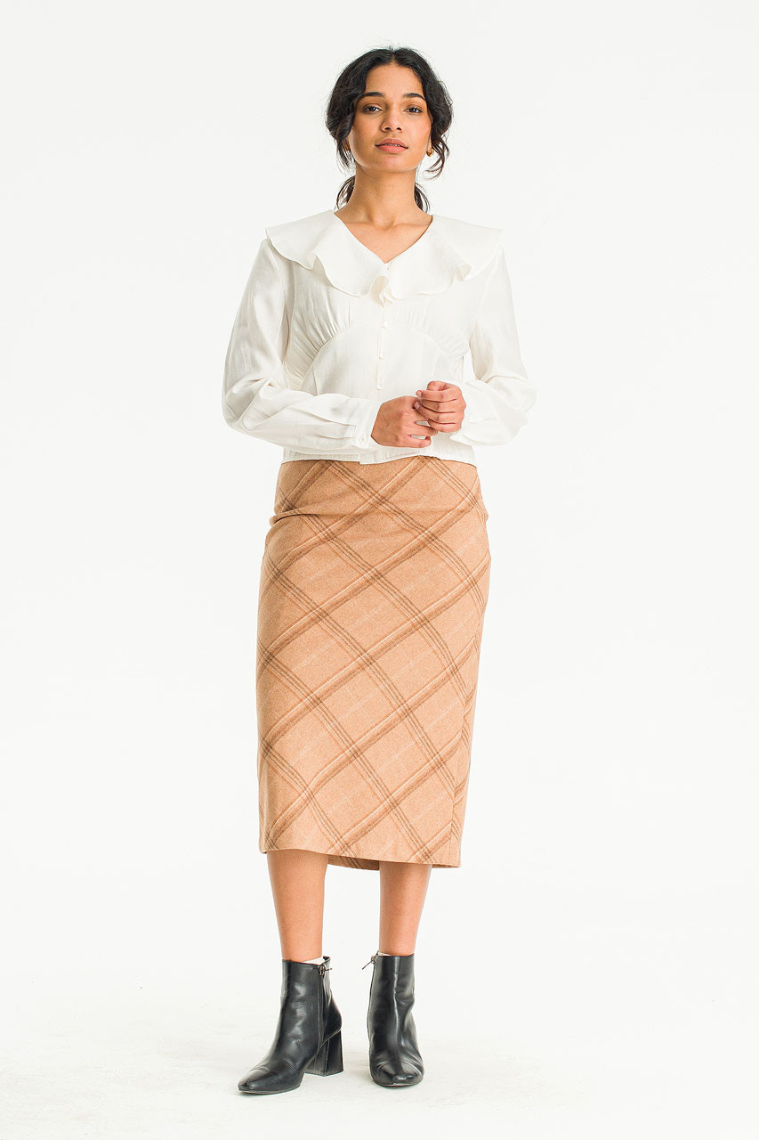 Elise Check Mid Length Skirt, Beige