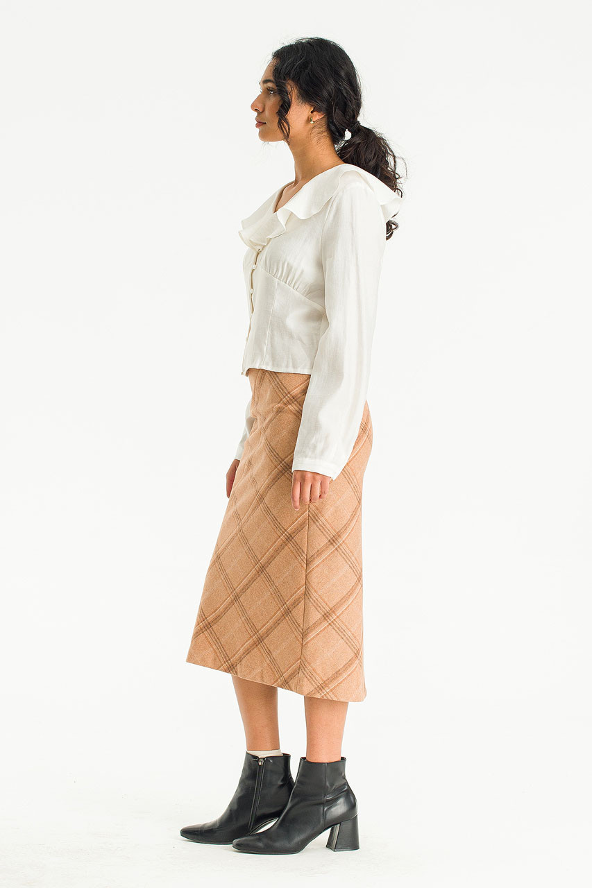 Elise Check Mid Length Skirt, Beige