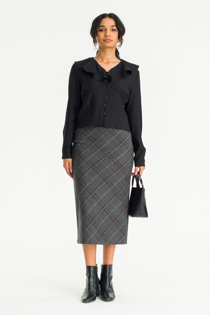 Elise Check Mid Length Skirt, Charcoal