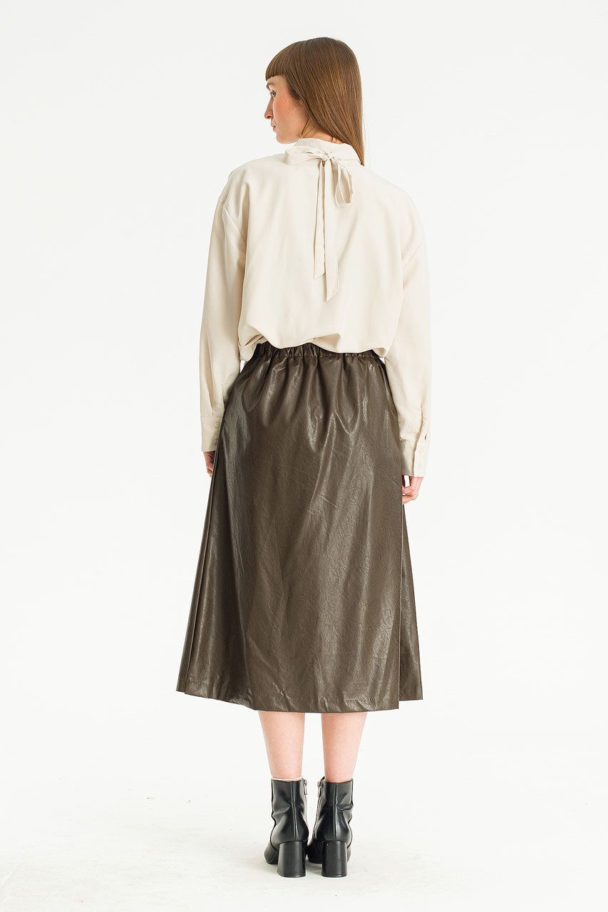 Faux Leather Mid Length Pleated Skirt, Brown