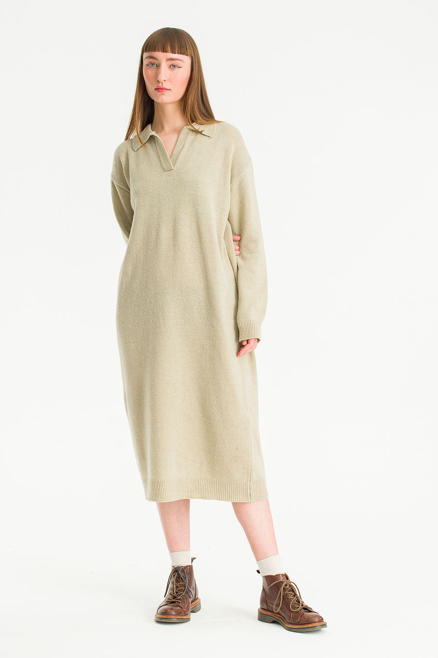 Rei Collar Knit Dress, Light Khaki