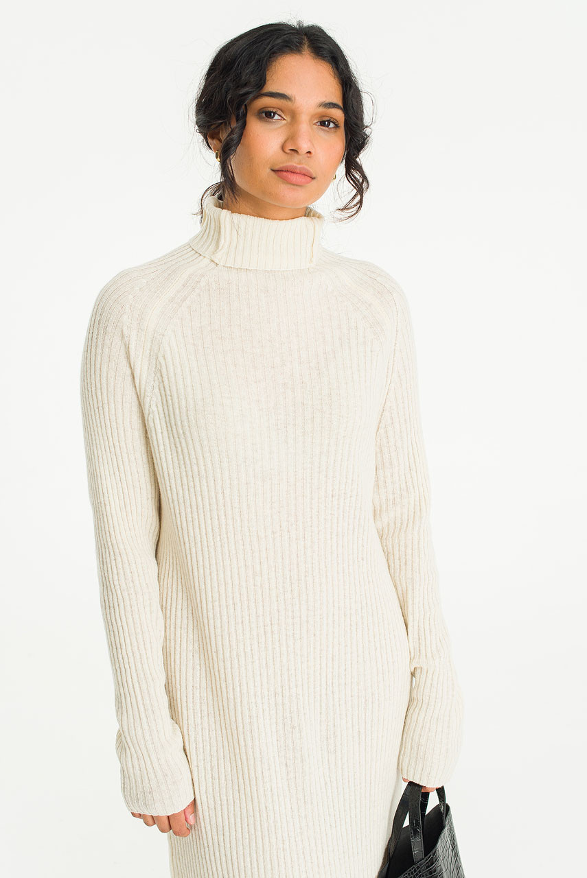 Mia Ribbed Roll Neck Dress, Cream