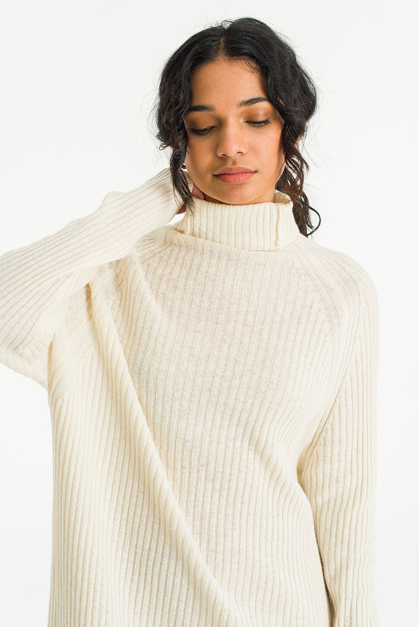 Mia Ribbed Roll Neck Dress, Cream